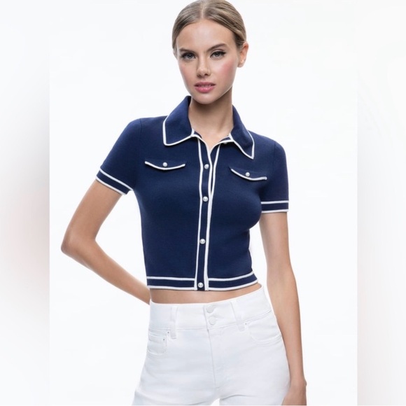 Alice + Olivia NWT Marlena Blue Button Front Polo Top Wool Blend Womens Size M